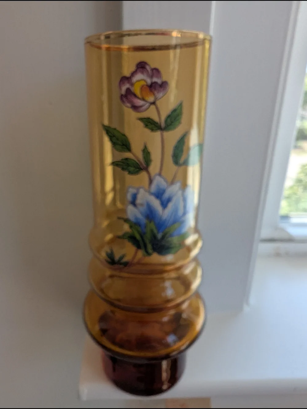 VTG Norleans Made In Italy Amber Glass Hand Painted Floral Cylinder Vase 7